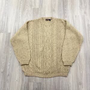 Vintage High Sierra Cable Knit Sweater Men's Large Beige Crewneck Fisherman Wool